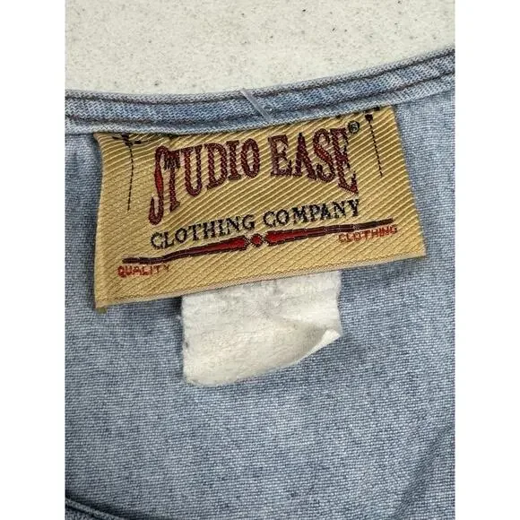 Vintage Studio Ease XL Blue Denim Chambray Lace Neckline Belt Maxi Dress - Picture 6 of 16